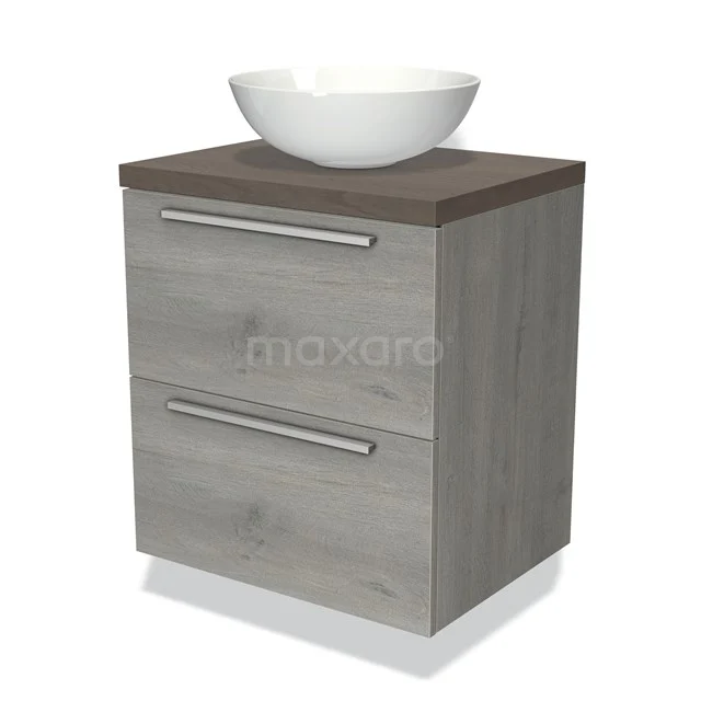 Houten badkamermeubel met grijze lades, donker blad, en witte komvormige wastafel, ideaal voor stijlvolle badkamerinrichting.