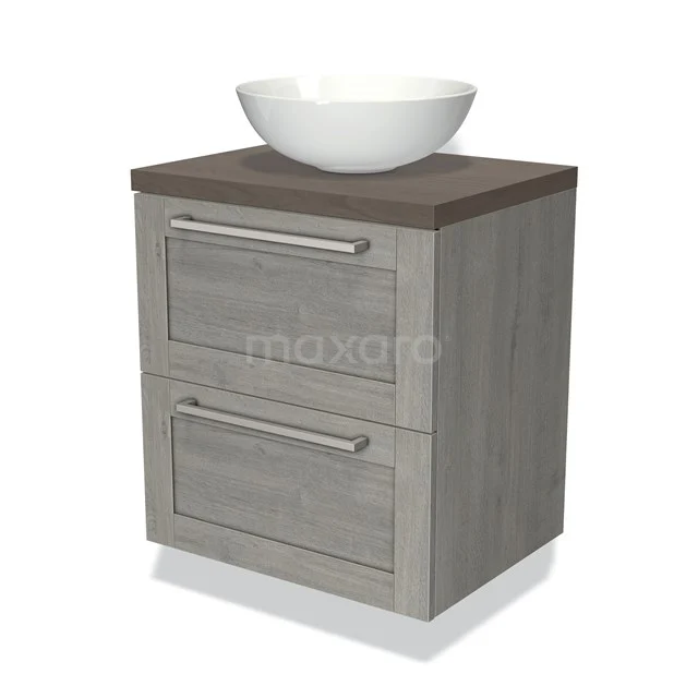 Houten badkamermeubel met grijze lades, witte waskom en donkere houtlook bovenblad, perfect voor een moderne badkamer.