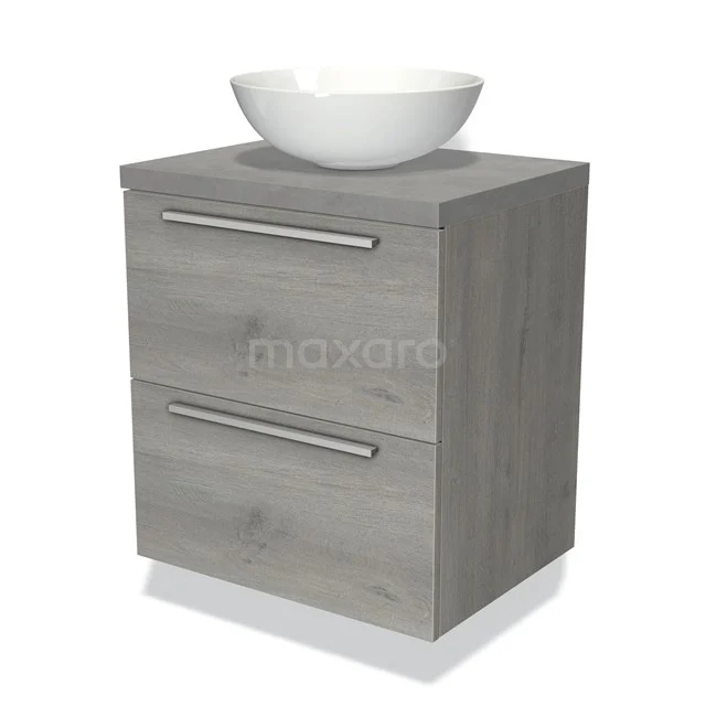 Grijze houten badkamermeubel met ladekast en wit komvormig wastafelblad, strak design voor moderne badkamerstijl.