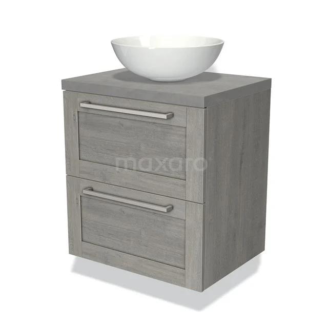 Grijze houten badkamermeubel met twee lades en een witte ronde waskom, ideaal voor een moderne badkamerinrichting.