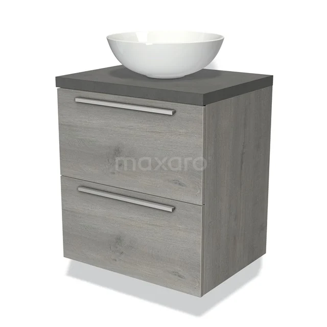 Grijze houten badkamermeubel met 2 lades en witte keramische waskom, compact design passend in moderne badkamers.