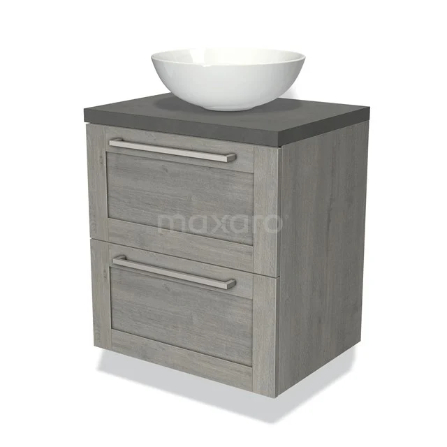 Grey wooden bathroom cabinet with two drawers, black top plate and round white basin; compact and modern design.