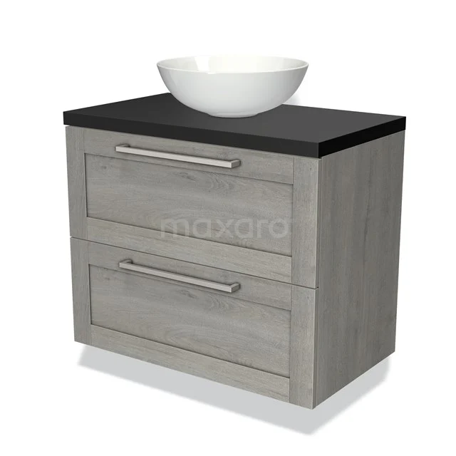 Badkamermeubel grijs eiken met zwarte wastafelblad en witte opzetkom, moderne look, perfect voor stijl in de badkamer.