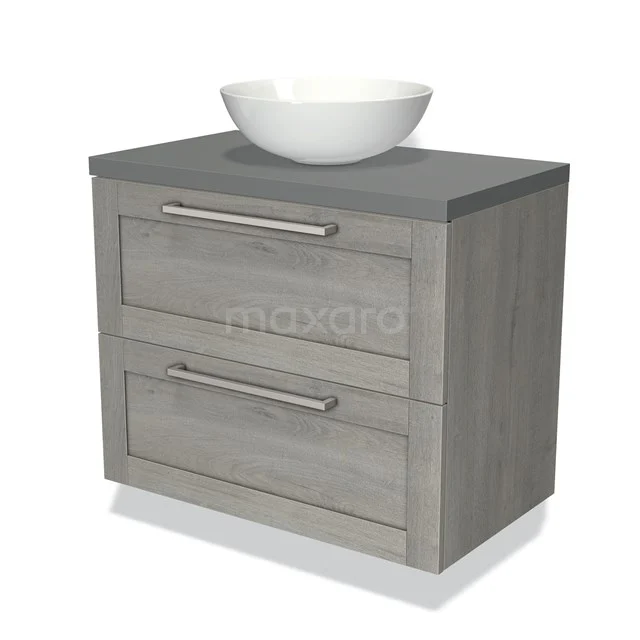 Badkamermeubel grijs houtlook met wastafel, modern design, twee lades en metallic handgrepen.