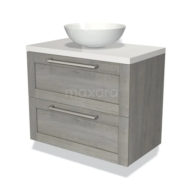 Wooden bathroom unit with grey wood look, two drawers and surface-mounted white basin, ideal for a modern bathroom.