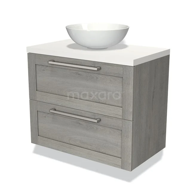 Grey oak Bathroom unit with white countertop wash basin, 2 drawers and modern handles, ideal for a stylish bathroom.