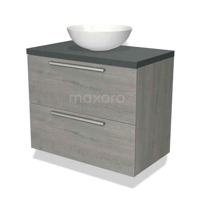 Modulo Plato Vanity units for countertop basin | 80 cm Grey oak Flat front Dark grey worktop 2 Stacked drawers BMK17-01631 Wooden bathroom unit with grey worktop and white round countertop wash basin, 2 drawers with silver handles, modern design.
