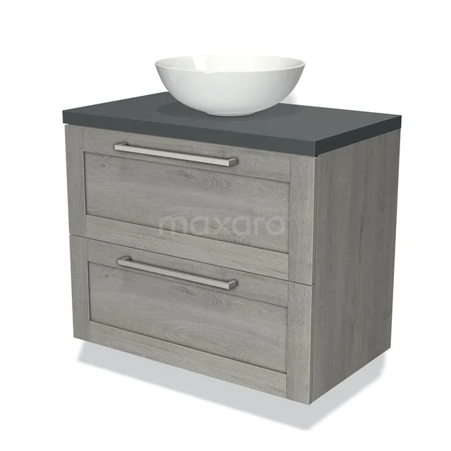 Houten badkamermeubel in grijze eik-look met twee lades, zwarte bovenplaat en ronde witte waskom.