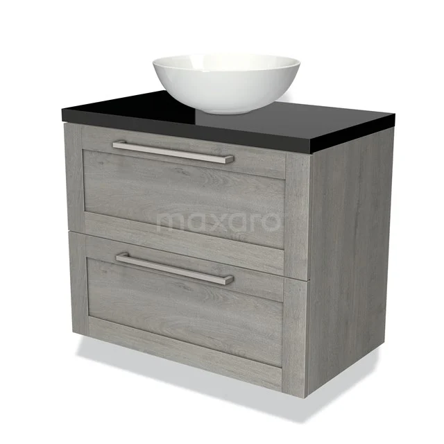 Badmöbel für Aufsatzwaschbecken 80cm Modulo Plato Grau Eiche 2 Schubladen Rahmen Hochglanz Schwarz Platte BMK17-01634 Holz Badezimmermöbel Grau mit 2 Schubladen, Schwarz Platte und weißen Aufsatzwaschbecken, perfekt für moderne Badezimmergestaltung.