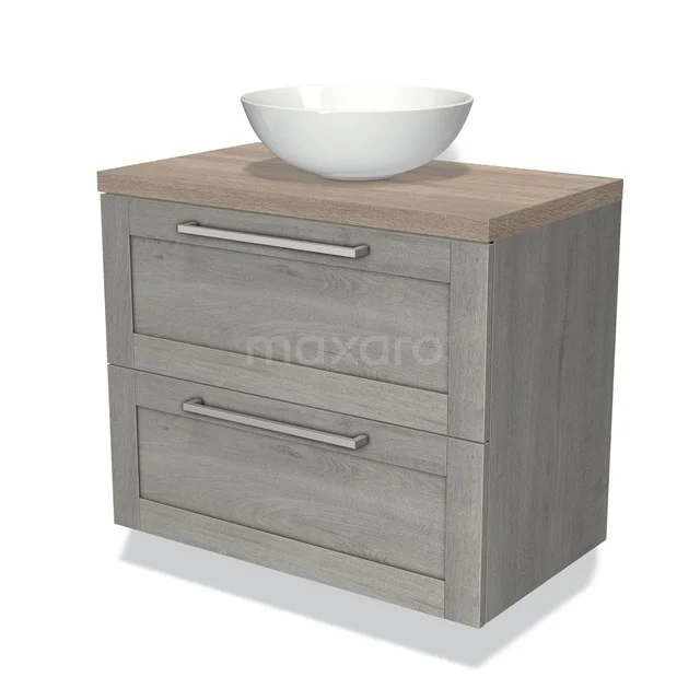 Grijze houten badkamermeubel met twee lades, witte opzetwaskom en RVS-grepen, modern design voor een stijlvolle badkamer.