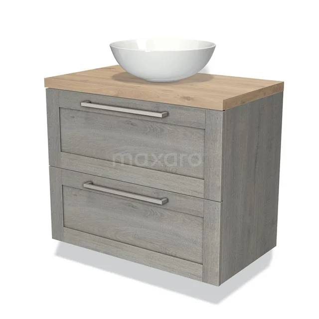 Houten badkamermeubel met grijze lades, eikenblad en moderne wastafelkom, ideaal voor eigentijdse badkamerinrichting.