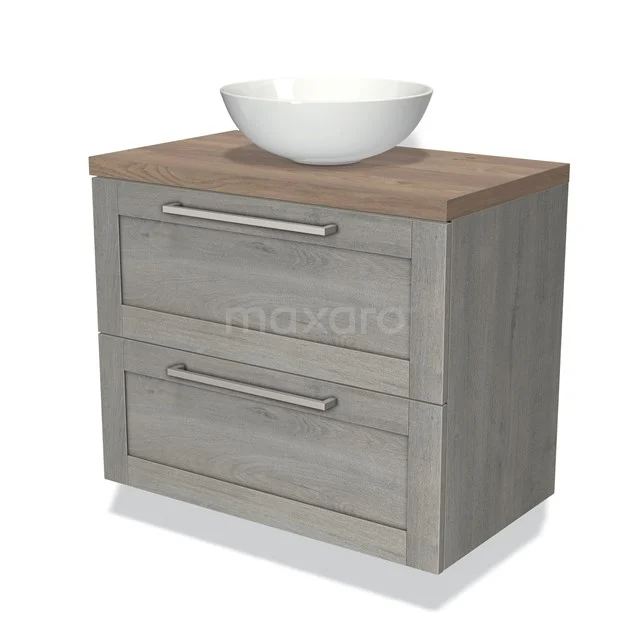 Grijze badkamermeubelset met houtlook blad, witte opzetwastafel en twee lades, ideaal voor moderne badkamers.