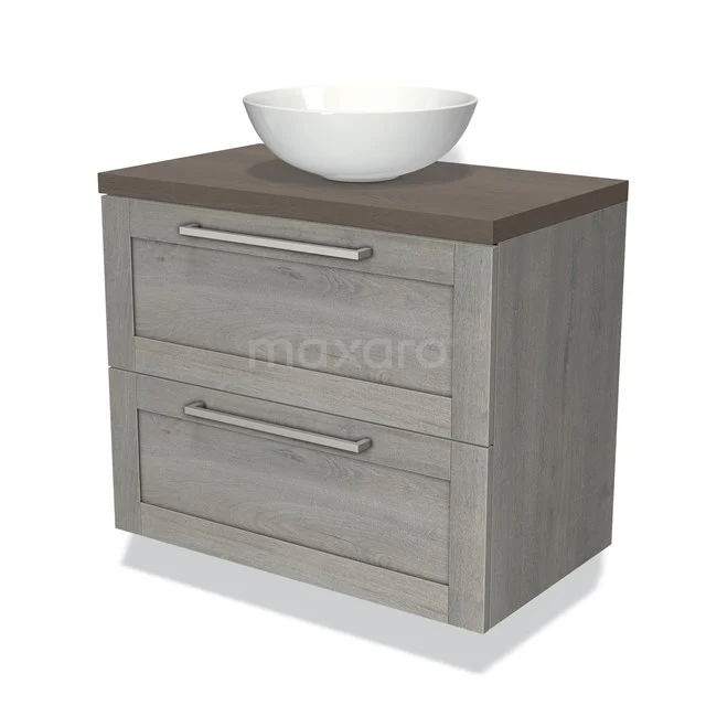 Houten badkamermeubel met een grijze afwerking, twee lades, metalen handgrepen en een witte ronde waskom bovenop.