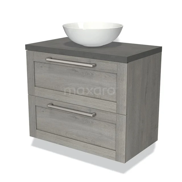 Houten badkamermeubel met grijze afwerking, twee lades en een witte keramische waskom, ideaal voor een moderne badkamerstijl.