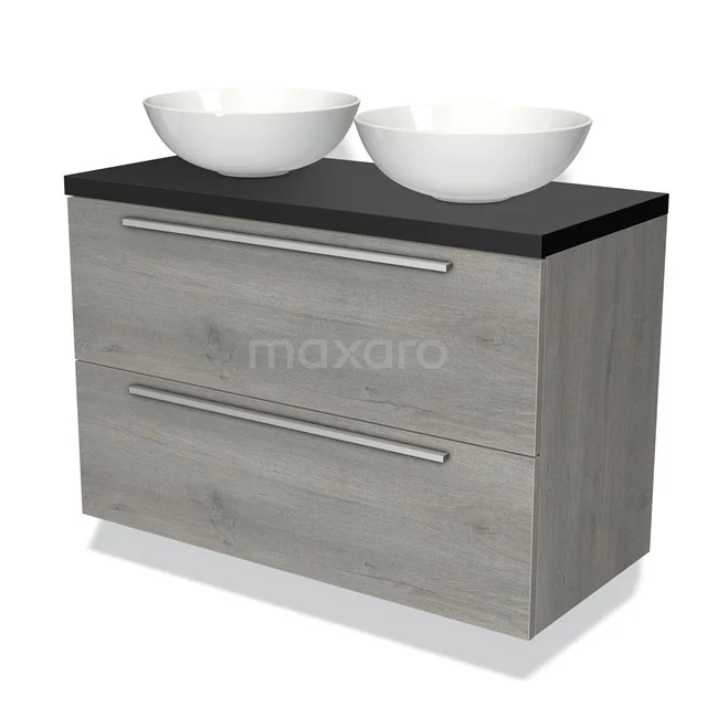 Houten wastafelmeubel grijs, zwart blad met 2 ronde witte waskommen, ideaal voor een moderne badkamerstijl.
