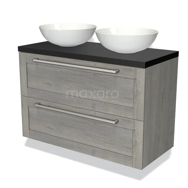 Houten badkamermeubel met twee witte waskommen, grijze lades en zwart blad, ideaal voor stijlvolle en moderne badkamers.