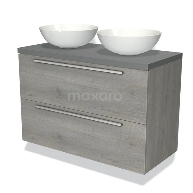 Grey oak bathroom unit with two white countertop wash basins, modern design and metal handles, ideal for a stylish bathroom.