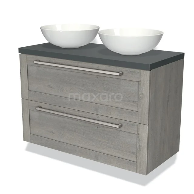 Grijze houten badkamermeubel met twee witte wastafels, Riko-serie, modern ontwerp en donker werkblad.