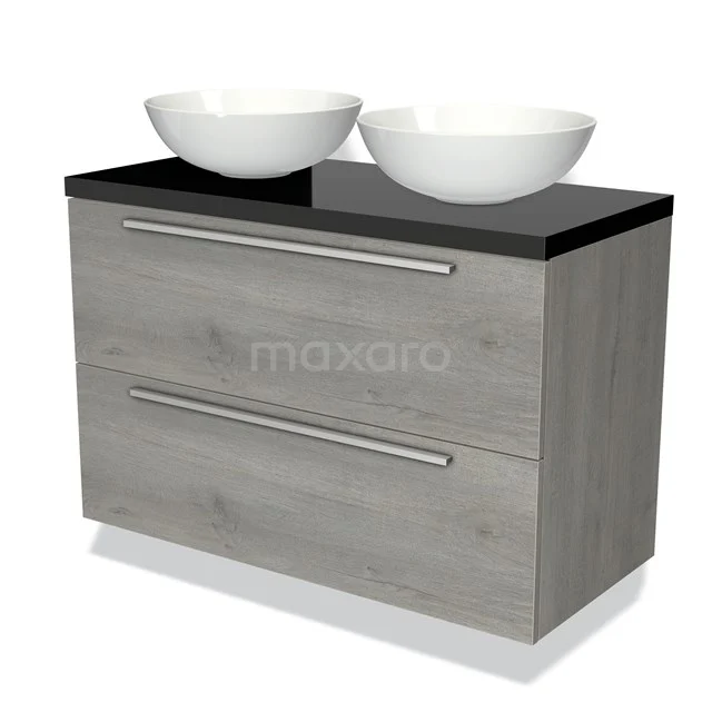 Moderne houten badkamermeubel met twee witte waskommen en zwart blad; strak design, ideaal voor luxe badkamer inrichting.