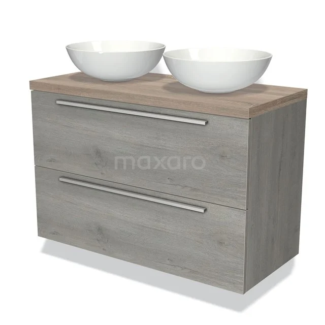 Grijze badkamerkast met houtlook, twee lades en dubbele witte waskom; modern design voor stijlvolle badkamerinrichting.