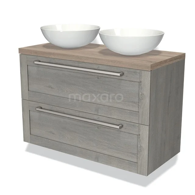 Badmöbel für Aufsatzwaschbecken 100cm Modulo Plato Grau Eiche 2 Schubladen Rahmen Eiche Platte BMK17-01662 Badezimmermöbel Holzoptik mit zwei weißen Aufsatzwaschbecken und metallischen Haltegriffen, ideal für moderne Badezimmer Einrichtung.