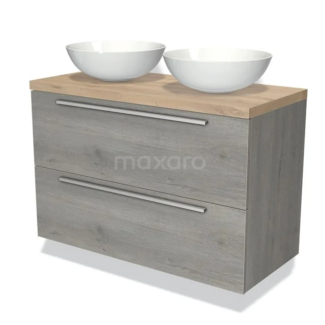 Houten badkamermeubel met grijze lades, dubbele witte waskommen, modern design, ideaal voor stijlvolle badkamerinrichting.