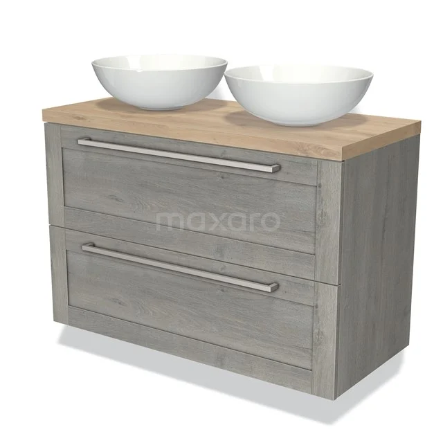 Grijze badkamermeubelset met houtlook, twee witte ronde wastafels en twee lades met metalen handgrepen.