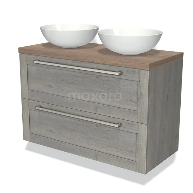 Grey wooden bathroom furniture set with two white countertop wash basins, natural wood look and metal handles, ideal for modern bathrooms.