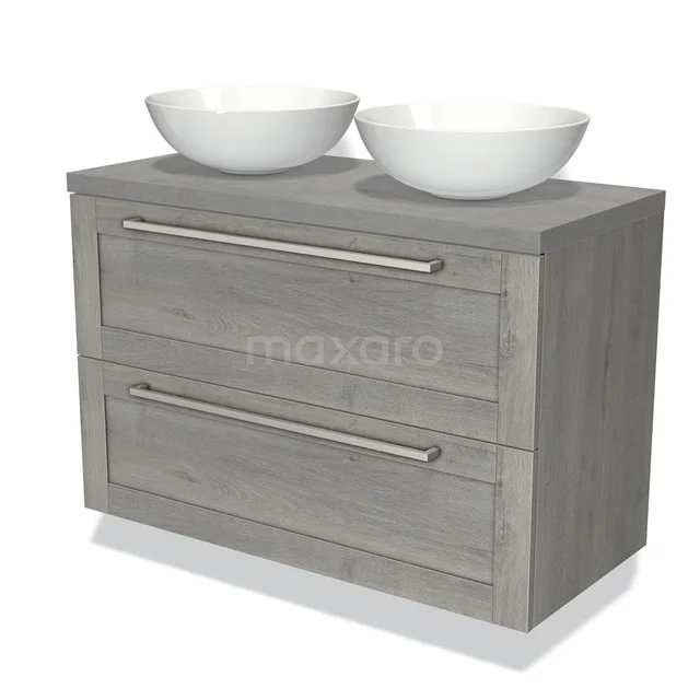 Grijze houten badkamermeubel met dubbele wastafel, moderne design, twee lades met metalen handgrepen.