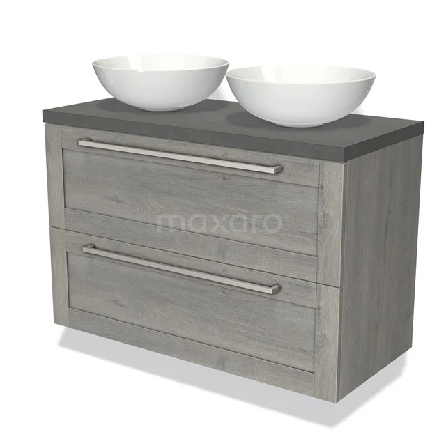 Grijze houten badkamermeubel met twee witte ronde waskommen en metalen handgrepen, moderne uitstraling.