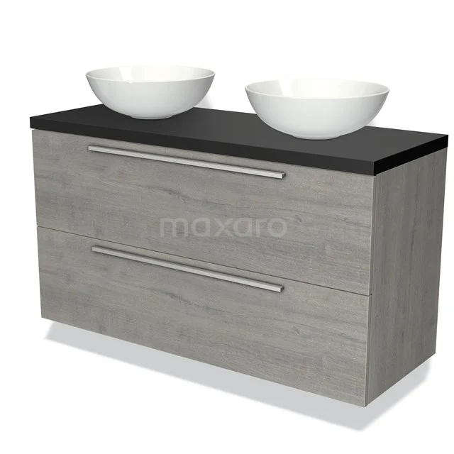 Graues Holz-Badmöbel mit schwarzer Platte und zwei weißen Aufsatzwaschbecken, modernes Design, ideal für ein stilvolles Badezimmer.