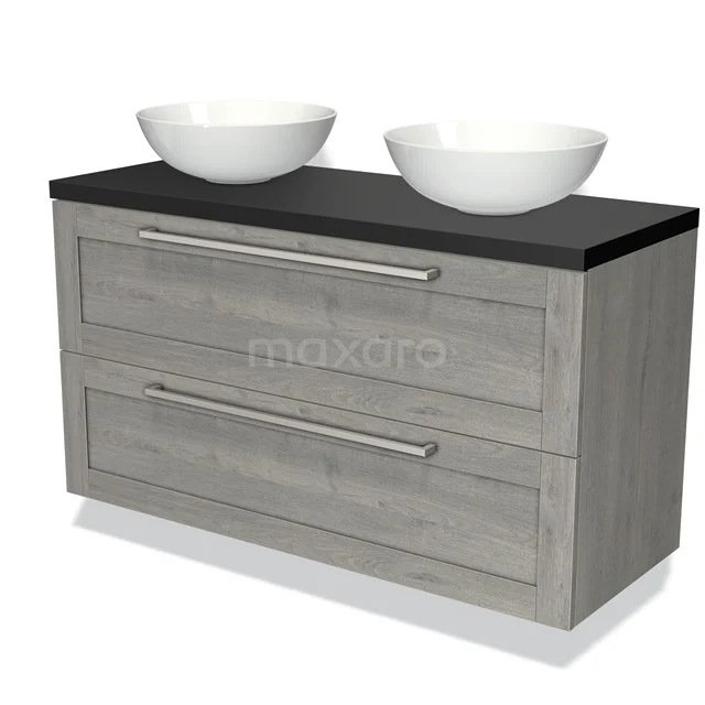 Grijs houten badkamermeubel met zwart werkblad en twee witte waskommen, modern design met dubbele lades.