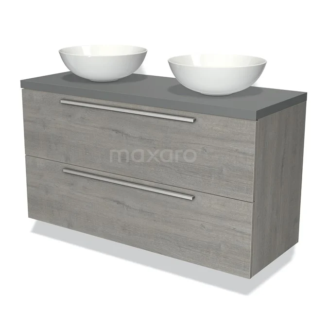 Grijze houten badkamermeubel met twee witte waskommen en ruime lades, ideaal voor een moderne badkamer inrichting.