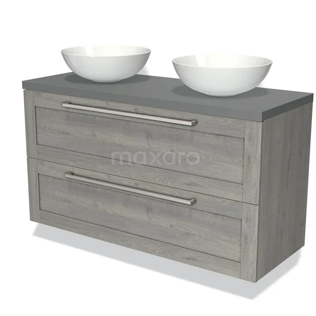 Badmöbel für Aufsatzwaschbecken 120cm Modulo Plato Grau Eiche 2 Schubladen Rahmen Mittelgrau Platte BMK17-01678 Graue Badmöbelset mit Holzoptik, Doppelwaschbecken und metallischen Haltegriffen für ein modernes und stilvolles Badezimmer.