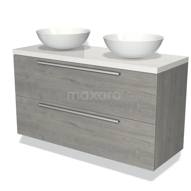 Graue Badmöbelset mit Holzoptik, Doppelwaschbecken und geräumigen Schubladen, ideal für ein modernes und funktionales Badezimmer.