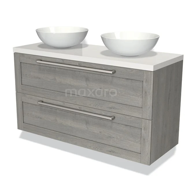 Houten badkamermeubel met grijze houtlook, dubbele lades en twee witte waskommen voor een stijlvolle badkameroplossing.