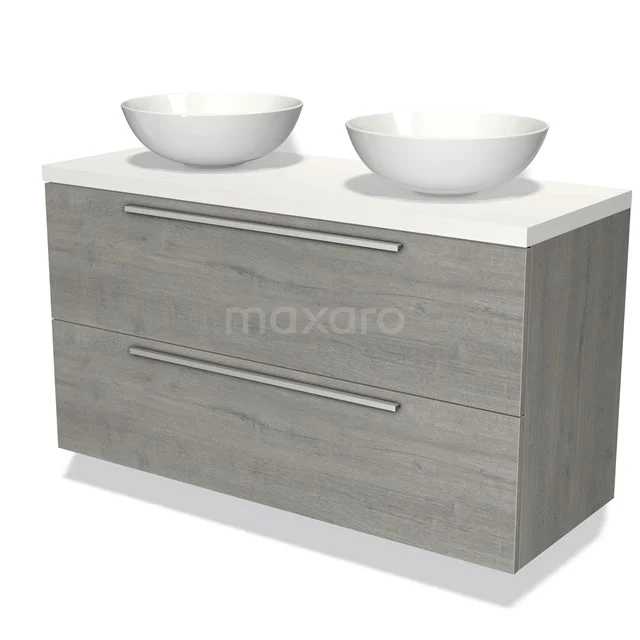 Wooden bathroom unit with grey wood look, double white countertop wash basins and two wide drawers with silver handles.
