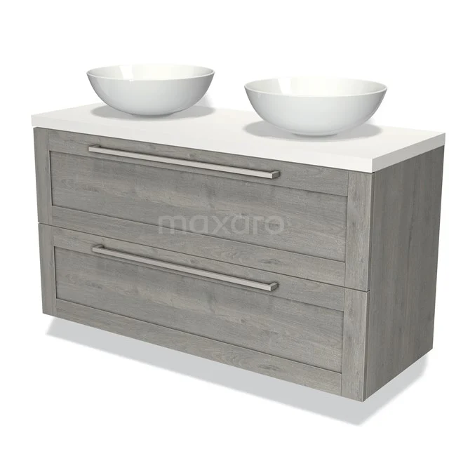 Wooden bathroom unit Grey with double white countertop wash basins, modern design, wide drawers and tight handles.