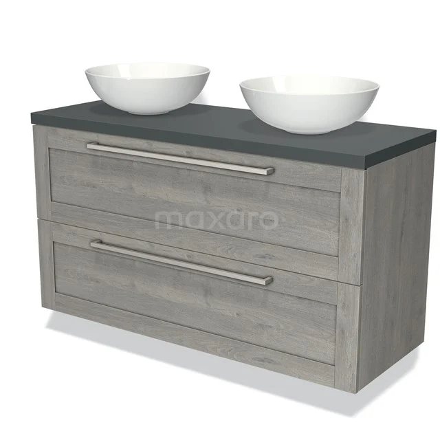 Modern grijs eiken badkamermeubel met twee ronde wastafels, antraciet blad en royale opberglades.