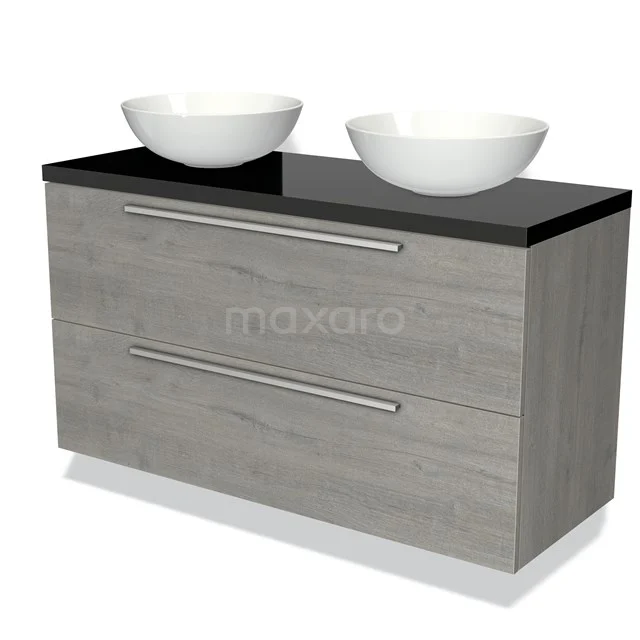 Grey bathroom furniture set with black top, double basins and drawers, modern wooden design.