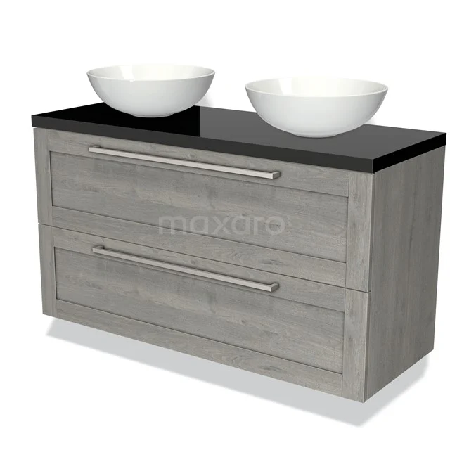 Grey wooden bathroom unit with 2 white countertop wash basins, black top and black metal handles; stylish for a modern bathroom.