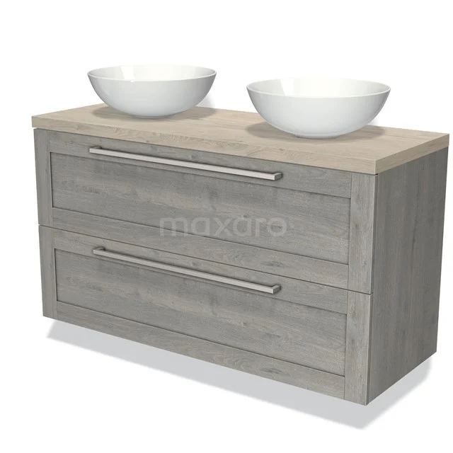 Grijs houten badkamermeubel met twee witte waskommen, moderne stijl en handige lades voor opbergruimte.
