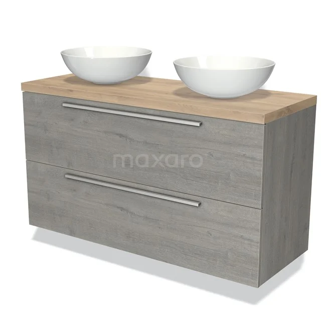 Badmöbel für Waschtischunterschrank mit Konsole 120cm Modulo Plato Grau Eiche 2 Schubladen Flach hellbraune Eiche Platte BMK17-01691 Graues Holz Doppelwaschbeckenmöbel mit zweischichtigen Schubladen, weißen Keramikkellen und einer hellen Eichenplatte.