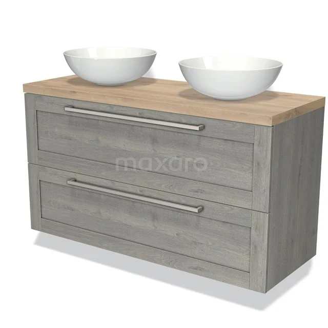 Houten badkamermeubel met grijze lades, dubbel wastafelblad en witte komvormige wasbakken, modern design.
