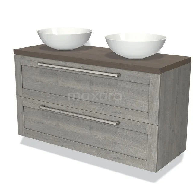 Grey wooden bathroom unit with two white countertop wash basins, wide drawers and a dark brown worktop for a stylish bathroom space.