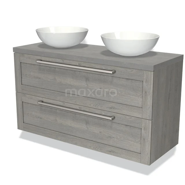 Grijze houten badkamermeubel met dubbele lade, Riva-serie, voorzien van twee witte opzetwastafels.