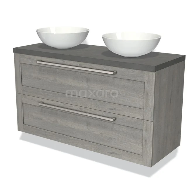 Houten badkamermeubel grijs met dubbele waskommen, antraciet blad en metalen grepen, modern design.
