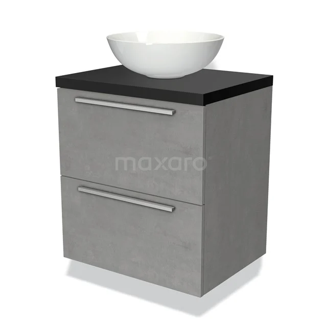 Graue Badmöbelset mit Betonlook, schwarzer Platte, zwei Schubladen und einem weißen schalenförmigen Waschbecken.