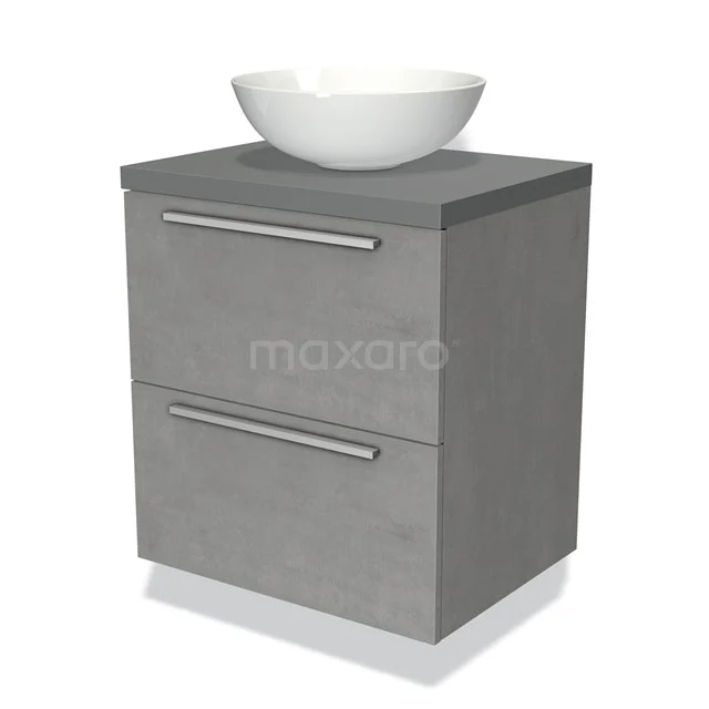 Badmöbel für Waschtischunterschrank mit Konsole 60cm Modulo Plato Hellgrauer Beton 2 Schubladen Flach Mittelgrau Platte BMK17-01702 Graue Badmöbelset mit mattem Betonlook, zwei Schubladen und einem weißen keramischen Aufsatzwaschbecken.
