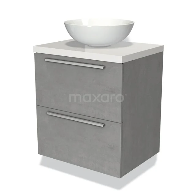 Grijs badkamermeubel met twee lades en witte wastafel; modern design, ideaal voor compacte badkamers.